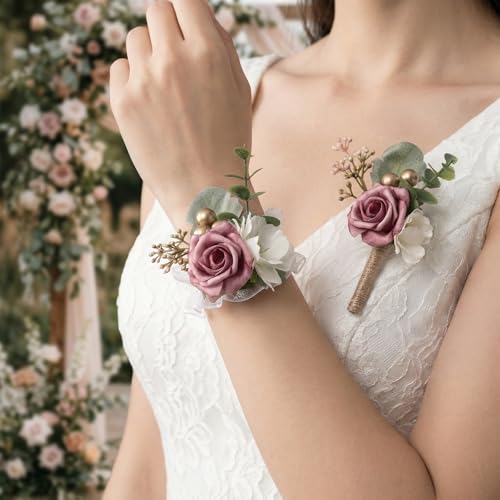 12 Pack Corsage and Boutonniere Set Handmade with Lifelike Artificial Rose, Non-Fading Prom Flower Wrist Corsage for Wedding Homecoming and Prom Events