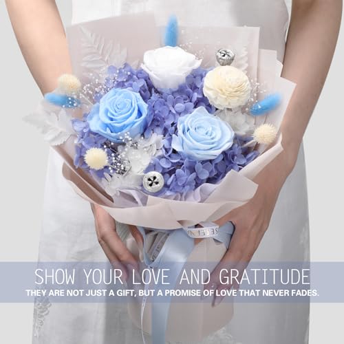 Casaido Preserved Flowers for Delivery, Mothers Day Blue Flower Bouquets with Necklace, Forever Real Roses Anniversary Birthday Valentines Day Christmas Rose Gifts for Women Mom Wife Girlfriend - color: Blue