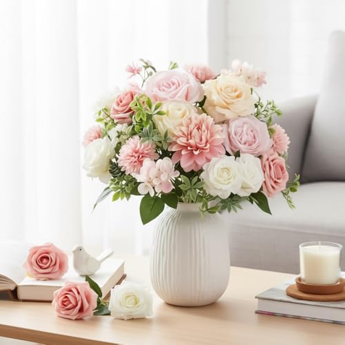 Pink Artificial Flowers Combo, Fake Flowers Mixed Rose Peonie Dahlia, Pink White Silk Flowers with Stems for Wedding Bouquets Centerpieces Floral Arrangements Party Baby Shower Home Decor - color: Pink & White