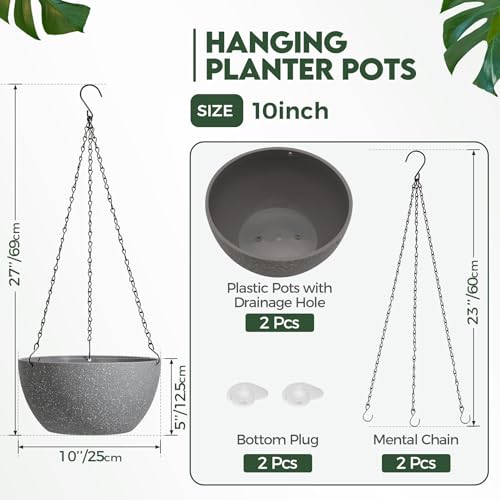 T4U Hanging Planters for Indoor Plants, 10 Inch Hanging Planter Outdoor 2 Pack, Hanging Basket with Drainage Holes, Hanging Plant Holder Indoor, Flower Pots, Plant Pots for Garden, Grey - color: Gray, size: 10 In