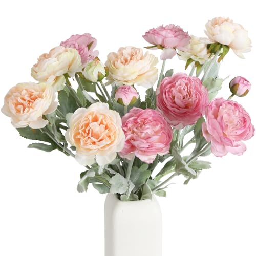 IPOPU Artificial Peonies 6pcs Ranunculus Silk Flowers 18Heads Pink Flowers Combo Champagne Fake Flowers 20.47" Faux Floral Arrangements Wedding Decorations for Home Kitchen (Champagne&Pink) - color: Champagne Pink