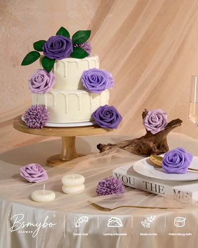 BSMYBO Purple Flower Artificial Roses Faux Flowers with Stems Mix Fake Roses Dahlia Chrysanthemum Ball for Wedding Bridal Bouquets, Table Centerpieces, Baby Shower, Party, Home Decorations - color: Dark Purple, size: PureBlooms