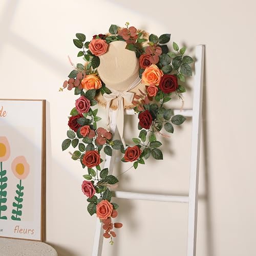 Senseya 5FT Artificial Rose Flower Garland - Terracotta Fake Floral Vine with Rose Leaves, Runner Rustic Flower Garland for Wedding Arch Backdrop, Table Runner Centerpieces, Party Home Mantel Decor - color: Sunset Terracotta