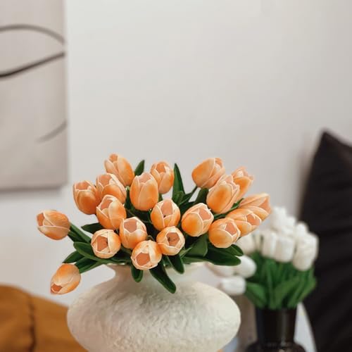 20PCS Artificial Tulip Flowers - 13.5" Real Touch Fake PU Tulips Bouquet Faux Spring Flowers (Champagne) - color: Champagne