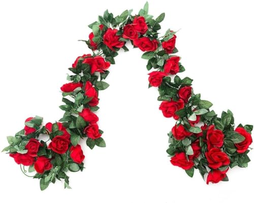 2 Pack 16FT Artificial Rose Garland Vine - Silk Fake Red Rose Flower Hanging Vine for Wedding Arch Home Wall Decor Valentine's Day Mother's Day Derby Day Party Decoration - color: Red