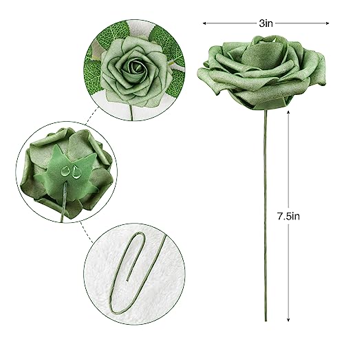 AmyHomie Artificial Flowers Green Rose 25pcs Real Looking Fake Roses w/Stem for DIY Wedding Bouquets Centerpieces Arrangements Party Baby Shower Valentines Day Christmas Tree Decorations - color: Green