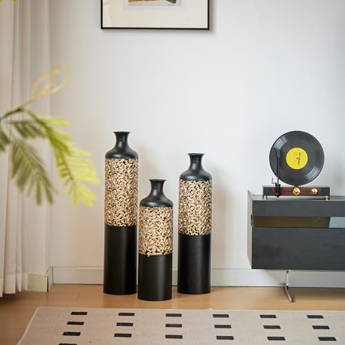 Metal Floor Vases Decorative, Set of 3 Flower Arrangement Stand, Metal Decorative Vase Tall Distressed Metallic Centerpiece Vases with 3D Triangle Pattern, 28.7", 24.8", 20.8" H (Black＆Gold) - color: Black＆gold