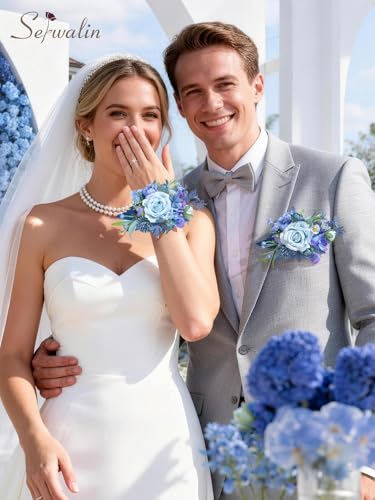 Serwalin 2Pcs Corsage and Boutonniere Set,Blue Rose Corsage Wristlet and Pocket Boutonniere for Prom Wedding Homecoming Anniversary Graduation - color: Blue