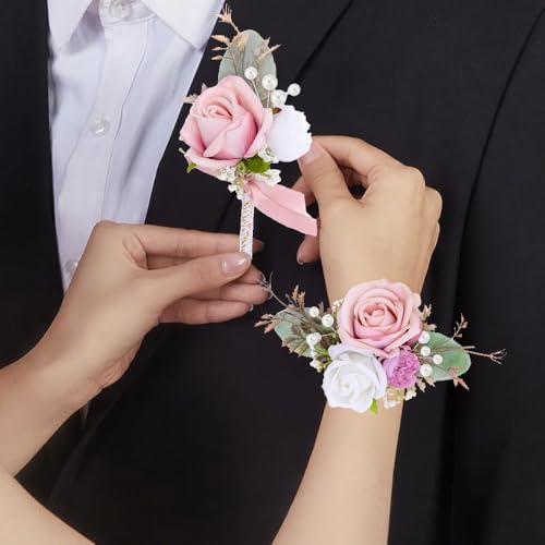 Rose Corsage and Boutonniere Set, 2PCS Handmade Artificial Flower Bride Wrist Corsage Wristlet Bracelets Wristband Men Boutonniere for Wedding Prom Suit Decorations (Pink) - color: Pink