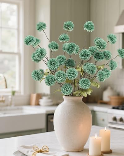 DuHouse 6pcs Artificial Flowers Faux Silk Pompon Mum,Silk Small Mini Chrysanthemum Ball with Stems for DIY Bouquets Centerpieces Vase Home Table Kitchen Decorations(Sage Green) - color: Sage Green, size: 6pcs