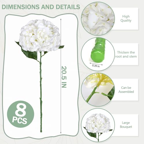 8pcs Hydrangea Artificial Flowers White Silk Fake Flower Bouquets Faux Hydrangea with Stems for Home Table Centerpieces Wedding Party Decoration (White, 8 PCS) - color: White