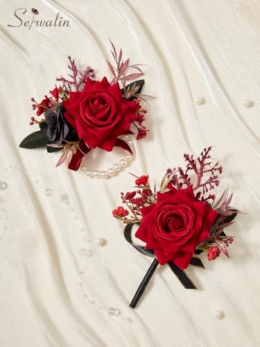 Serwalin Red Corsage and Boutonniere Set, Prom Corsage and Boutonniere Set of Wedding Flowers Homecoming Accessories Party Suit Decoration - color: Red, size: 1 Boutonniere & 1 Wrist Corsage - 2pcs