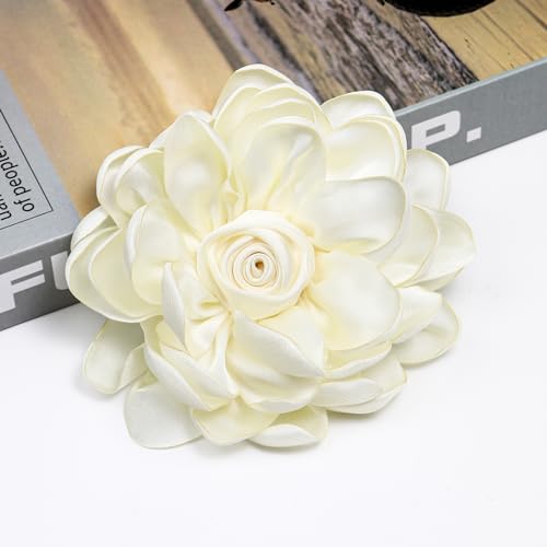 Dainty Satin Rose Flower Brooch Pins for Women Delicate Large Camellia Pins Shawl Clips Duckbill Clips Wedding Prom Banquet Party Jewelry Gift - color: Beige