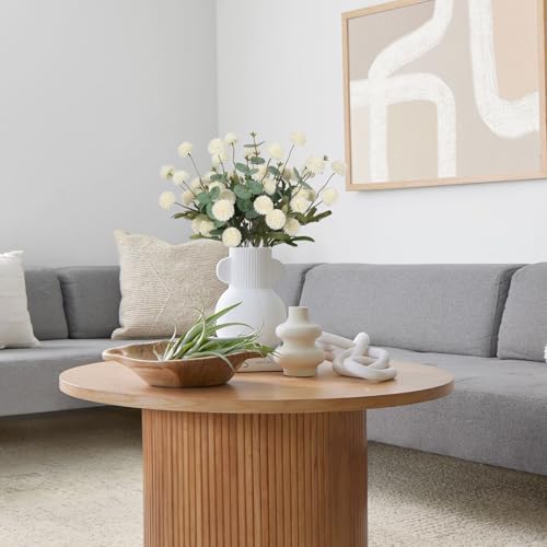 Fake Kiku Flowers,8 Stems Artificial Mum Flower with 3 Branches Eucalyptus Stems White Faux Flowers Silk Pom Pom Balls for Wedding Bouquet Home Office Party Floral Arrangements(White) - color: White