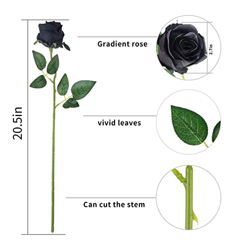10pcs Artificial Rose Flowers Long Stem Fake Silk Roses for DIY Wedding Bouquet Table Centerpiece Home Decor (Black) - color: Black