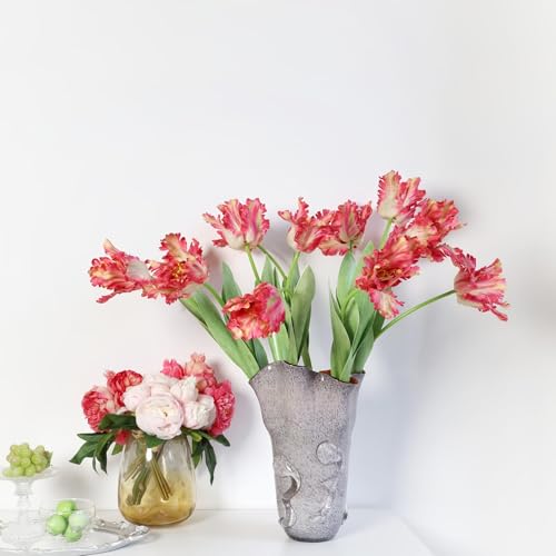 3Pcs 3D Parrot Tulips Artificial Flowers Faux Tulips Real Touch Long Stem Fake Tulips Bouquet for Home Office Wedding Table Decor 27.56" Tall-Red - color: Red
