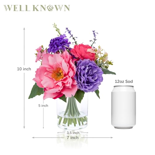WELL KNOWN Artificial Flowers in Vase with Fake Water, Pink & Purple Silk Flowers Fake Ranunculus Peonies Lilac Bouquet for Home Wedding Party Dining Table Baby Shower Decor & Birthday Gift (Violet) - color: Violet & Pink