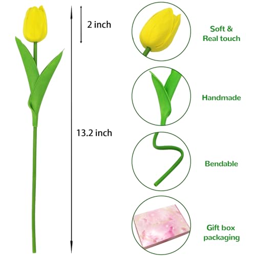 28pcs Yellow Flowers Artificial Tulip Stems Real Feel PU Tulips for Easter Spring Wreath Wedding Bouquet Centerpiece Floral Arrangement Cemetery Table Décor 13" Tall - color: Yellow
