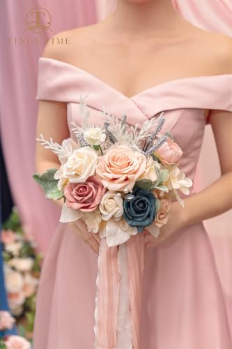 TINGE TIME 7 Inch Artificial Flowers Wedding Bouquets for Bridesmaid, Set of 4, DustyRose & NavyBlue Bride Tossing Bouquet for Rustic Wedding Ceremony Bridal Shower Rehearsal Dinner Vintage Party - color: Dusty Rose & Navy Blue 2
