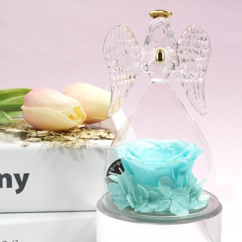 Miofula Gifts for Mom Birthday Gifts for Women, Preserved Flowers Rose in Glass Angel Figurines, Fresh Flowers for Delivery Anniversary Forever Real Roses Gifts for Mothers Grandma Her Wife Girlfriend - color: Pearlescent Sky Blue