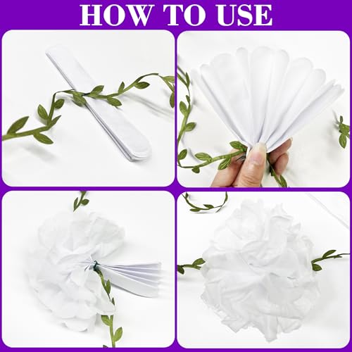 Ombre Purple White Party Decorations Lavender White Tissue Paper Flowers Pom Pom with Leaf Ribbon Hanging Garland Streamer for Birthday Baby Shower Bachelorette Wedding Lilac Violet Party Supplies - color: Purple
