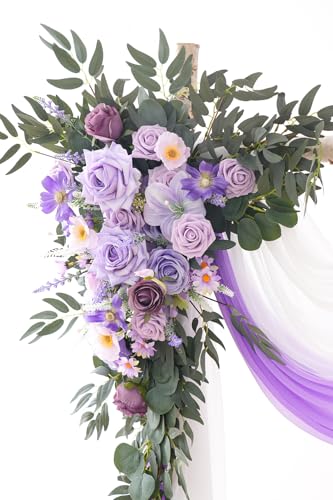 Deluxe Wedding Arch Flowers with Drapes Kit Pack of 4, 2pcs Purple Sage Hanging Silk Flowers Arrangement 2pcs Chiffon Drapes for Ceremony Arbor Party Outdoor Decor - color: Purple & Lavender