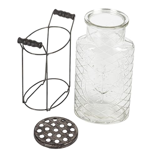 Creative Co-Op Glass vase in Metal Stand with Metal Frog Lid - size: Large