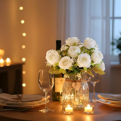 Faux Flowers in Vase, 18 Pcs Fake Rose Flowers, Artificial Flowers for Home Decor, Indoor Centerpiece for Living Room & Dining Table - White - color: White Rose