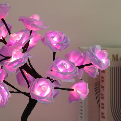 Drawelry Rose Flower Tree Lamp - LED Rose Tree Table Lamp USB/Battery Powered Artificial Bonsai Flower Night Light for Bedroom Living Room Party Wedding Birthday Decor (Purple) - color: Purple