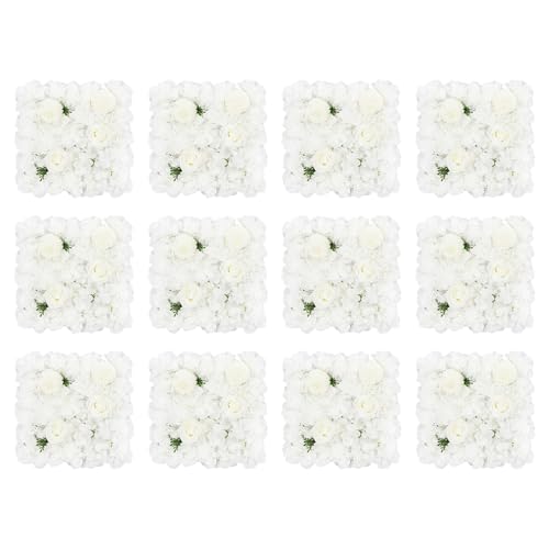 12 Pcs Artificial Flower Wall Panels Silk Dahlia Rose 3D Faux Flower Backdrop Panels Background Decorative for Wedding Celebrations Festive Party Home, 23.62 * 15.74in (White) - color: White