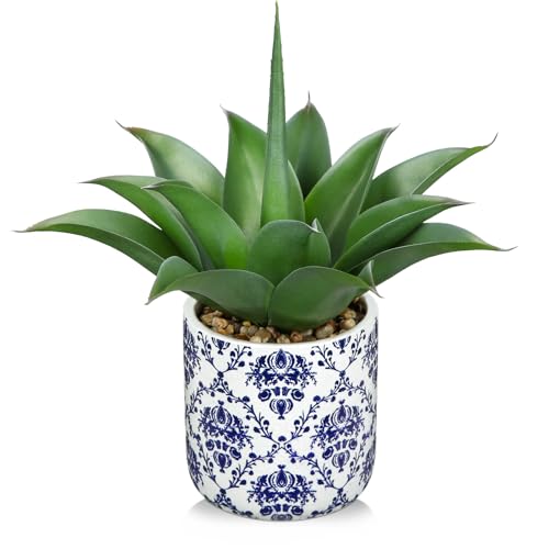 Briful Agave Plants Artificial Succulents Fake Plant in Blue Vase, 13'' Tall Realistic Faux Plant Indoor for Home Decor Farmhouse Centerpiece Table Kitchen - color: Green and Gray Agave Blue Vase