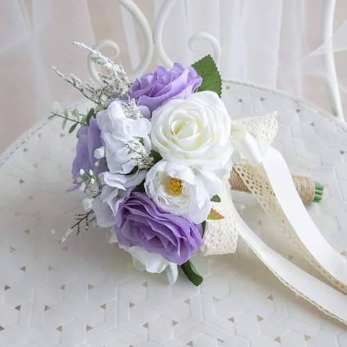Wedding Bouquets for Bride Bridesmaid, Artificial Lilac Bride Flower Bouquet for Wedding Church Decoration Ceremony, Anniversary, etc, Roses Flowers - color: Lilac & White & Ivory