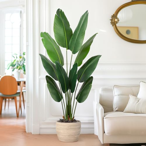 Yepdin Artificial Bird of Paradise Plant 5 Ft Tall Fake Banana Leaf Plant for Indoors and Outdoors,Faux Palm Tree with Plastic Pot for Office and Home Decor,L160 - style: 5 FT