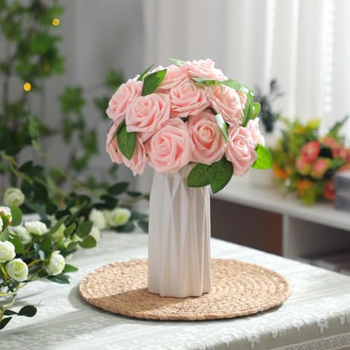 50 Pcs Artificial Foam Rose Flower Faux Bouquet Wedding Fake Rose Gift for Mother's Day Women DIY Bridal Shower Party Table Birthday Home Spring Decor (Pink) - color: Pink