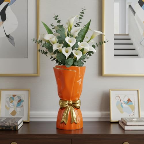 Orange Ceramic Vase for Flower, Modern Decorative Vase with Bow, Minimalist Tall Vases for Home Decor, Living Room, Console Table, Fireplace, Kitchen Decor 11 Inch - color: Orange, size: 11 inch