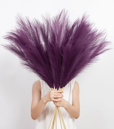 9 Pcs 45" Tall Pampas Grass Purple Decor, Long Stem Artificial Flower Floor Vase Large Faux Floral Pompas Fake Plants Dried Bouquet Arrangement Vase Filler for Boho Home Wedding Decoration - color: 9 Pcs 45" Purple Style