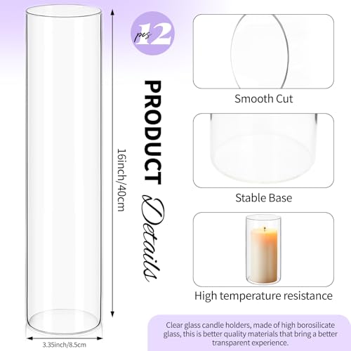 12Pack Glass Cylinder Vases for Centerpieces - 16 Inch Tall Flower Vase for Wedding Decorations, Floating Candle Holder Vase Bulk,Glass Hurricane Candle Holders for Table Shelf, Party, Home Decor - size: 3.35×16inch