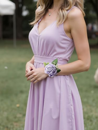 Purple Rose Corsage and Boutonniere Set Wristlet Corsage for Bride Bridesmaids, Boutonniere for Groom Groomsmen Prom Wedding Flowers Accessories,Homecoming, Anniversary, Graduation (Purple) - color: Purple
