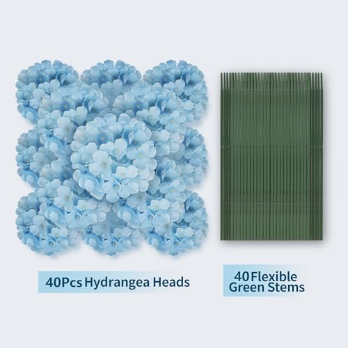 40 PCS Blue Silk Hydrangea Flowers, Detachable Heads + 8-Inch Wired Stems, Full 6 Inch Faux Hydrangea Heads for Boy Baby Shower, Coastal Wedding & Pollen-Free Decor - color: Blue(no Accessories)