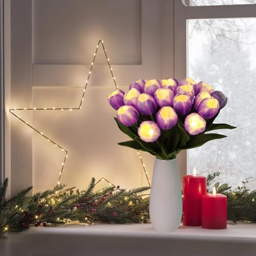 HOMESEASONS 20 Stems LED Lighted Artificial Flowers Tulip Lamp Real Touch Tulips Faux Flower Lights for Valentine's Day and Easter Home Kitchen Wedding Dining Table Decor(Purple) - color: Purple