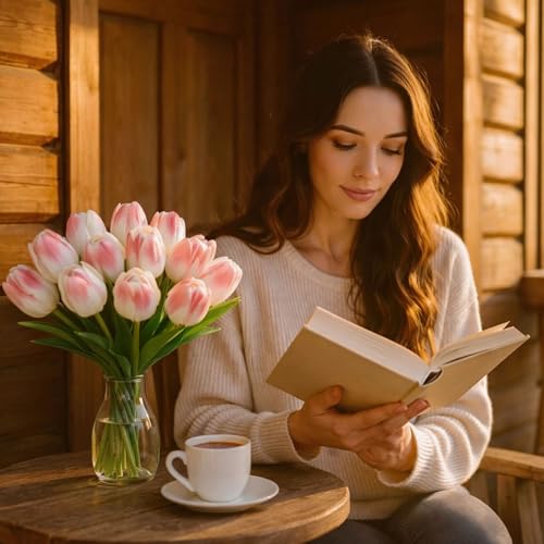 20 Pcs Tulips Artificial Flowers, 13.5'' Real Touch PU Fake Flowers Bouquet for Home Party, Spring Wedding Floral Arrangement, Valentine's, Easter and Mother's Day Decor (White Pink) - color: White Pink