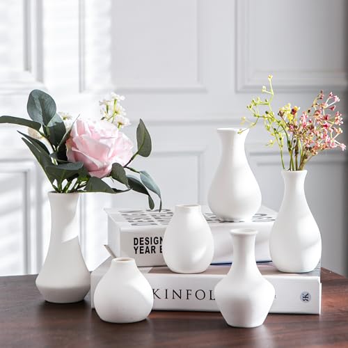 White Ceramic Bud Vase Set of 12 DIY Matte Flower Vases | Modern mini ceramic vases for home decor, wedding centerpieces, farmhouse shelves, mantel display and creative DIY styling - color: White - 12 Pcs