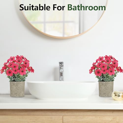 2 Pack Small Fake Plants Potted Artificial Plants Artificial Flowers Potted Faux Flower Daisy with Eucalyptus Leaves for Home Decor Office Room Farmhouse Indoor Table Bathroom Decor（Magenta） - color: Magenta