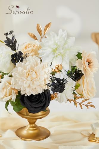 Serwalin Artificial White & Black & Champagne Flowers, Silk Fake Flowers for DIY Wedding Bouquets Cake Flowers, Table Centerpieces Baby Shower Birthday Party Home Decorations - color: White & Black & Champagne, size: Grand