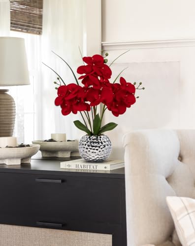 Briful Orchid Artificial Flowers 20'' Red Faux Orchid Flowers with Silver Vase Fake Phalaenopsis Silk Flowers for Home Office Dinning Room Kitchen Table Centerpiece Decor - color: Red