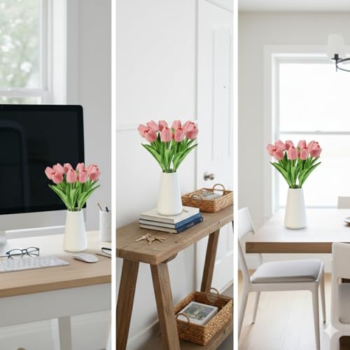 Real Touch Artificial Tulips with Ceramic Vase, 10 Blue Faux Tulips Arrangement, PU Tulips in Vase, Spring Table Centerpiece, Modern Farmhouse Home Decor for Dining Table & Living Room - color: Blue +Vase