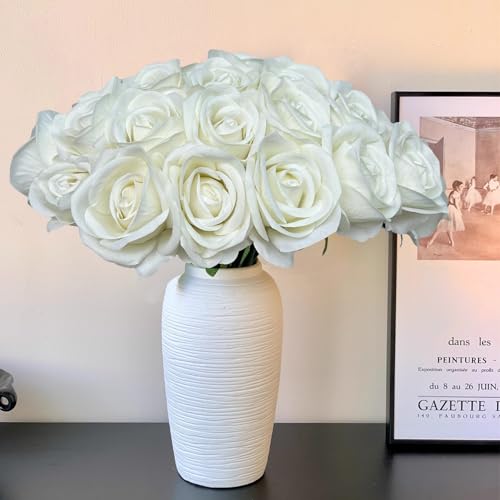 FagusHome 30 Pcs Silk Rose Artificial Flowers Roses Bulk Bouquet Fake Flowers Rose Heads with Stems for Home Wedding Decor (White) - color: White