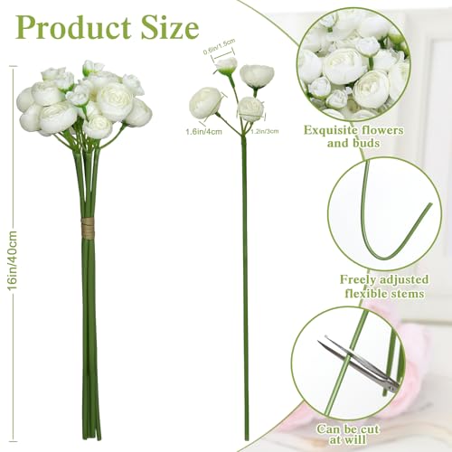 Ranunculus Artificial Flower White Faux Silk Mini Peony Flowers Fake Peonies Wedding Flowers DIY Bouquet for Centerpieces Arrangements Bridal Shower Decorations 18 Pcs(White)