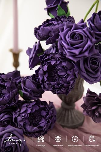 Ling's moment Artificial Flowers Fake Roses Faux Peony Foam Gardenia Combo for DIY Wedding Bouquets Centerpieces Arrangements Bridal Shower Party Home Decorations, Purple, 23pcs - color: Prpl-purple
