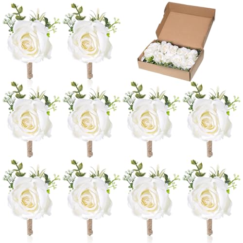 10 Pcs White Boutonniere for Men, Artificial Flowers Groom Groomsmen Vintage Wedding Corsage Rose for Wedding, Party, Ceremony Anniversary, Prom